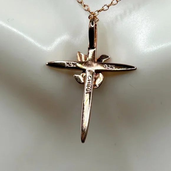 Signed JCM 925 Sterling Silver Rose Gold Vermeil Cross Dove Charm Necklace - Picture 3 of 7